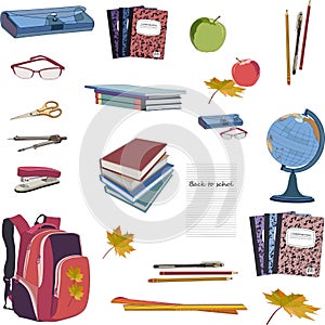 Back to school. Vector collection of school supplies. Isolated on a white background. photo